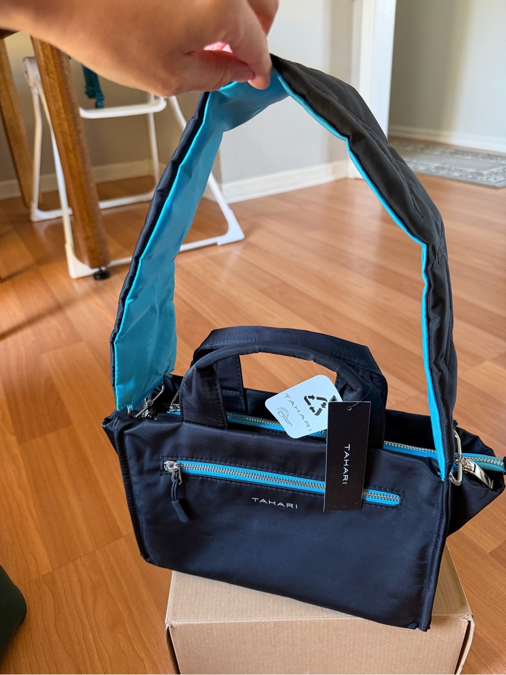 Tahari Black Satchel with Turquoise Trim